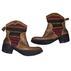 Born Womens Brown Leather Southwest Pattern Boots Side Zip Block Heel Size 6.5